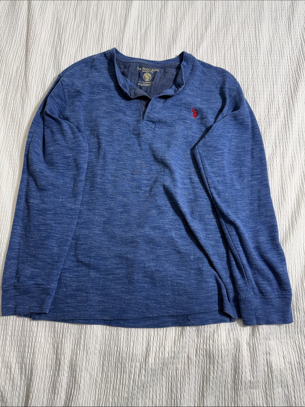 U.S. Polo Assn. Long Sleeve Heathered Blue Polo with Red Logo